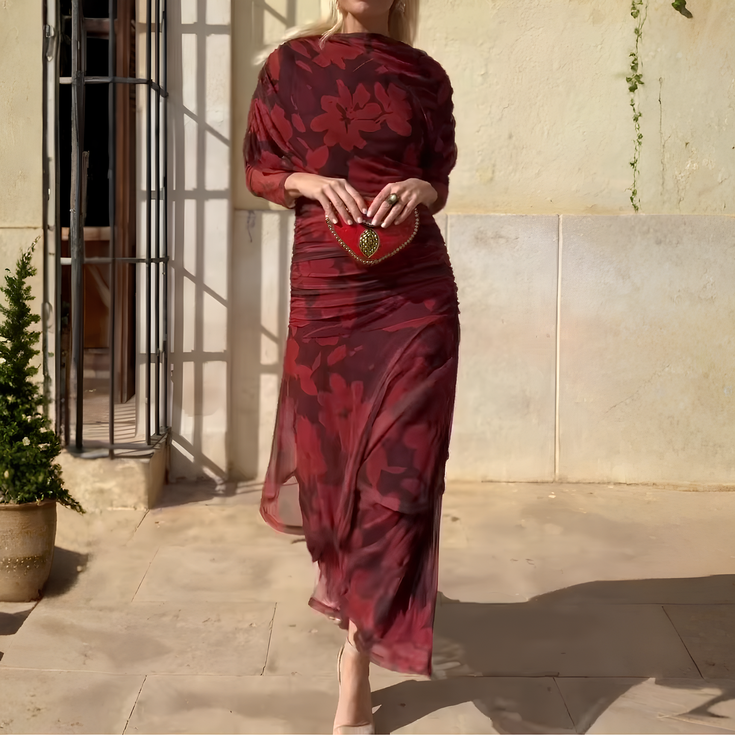 Burgundy Floral Print Maxi Dress With Ruched Detail