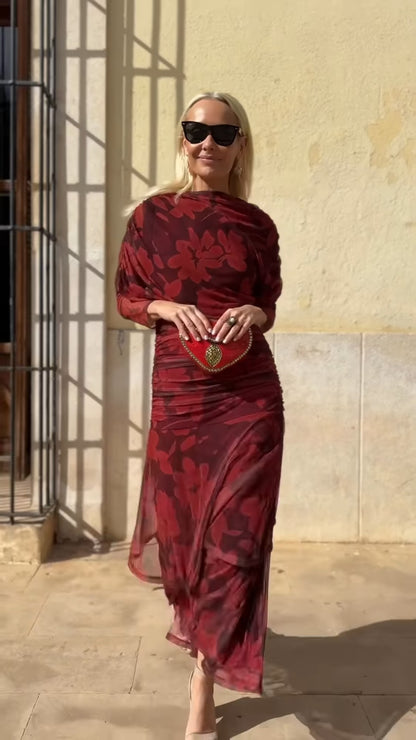 Burgundy Floral Print Maxi Dress With Ruched Detail