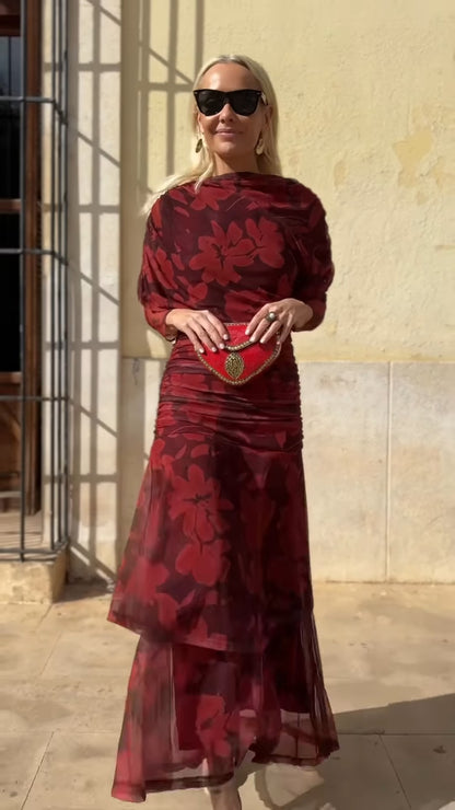 Burgundy Floral Print Maxi Dress With Ruched Detail