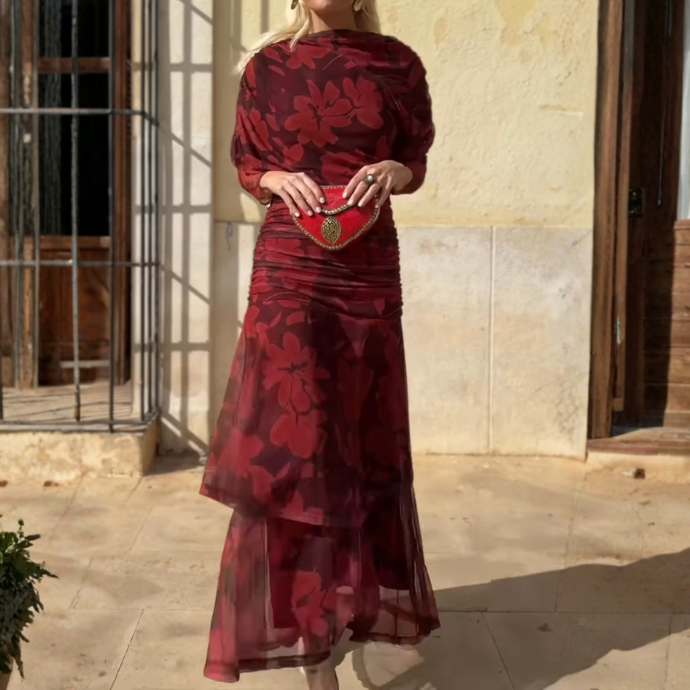 Burgundy Floral Print Maxi Dress With Ruched Detail