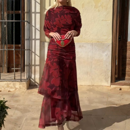 Burgundy Floral Print Maxi Dress With Ruched Detail