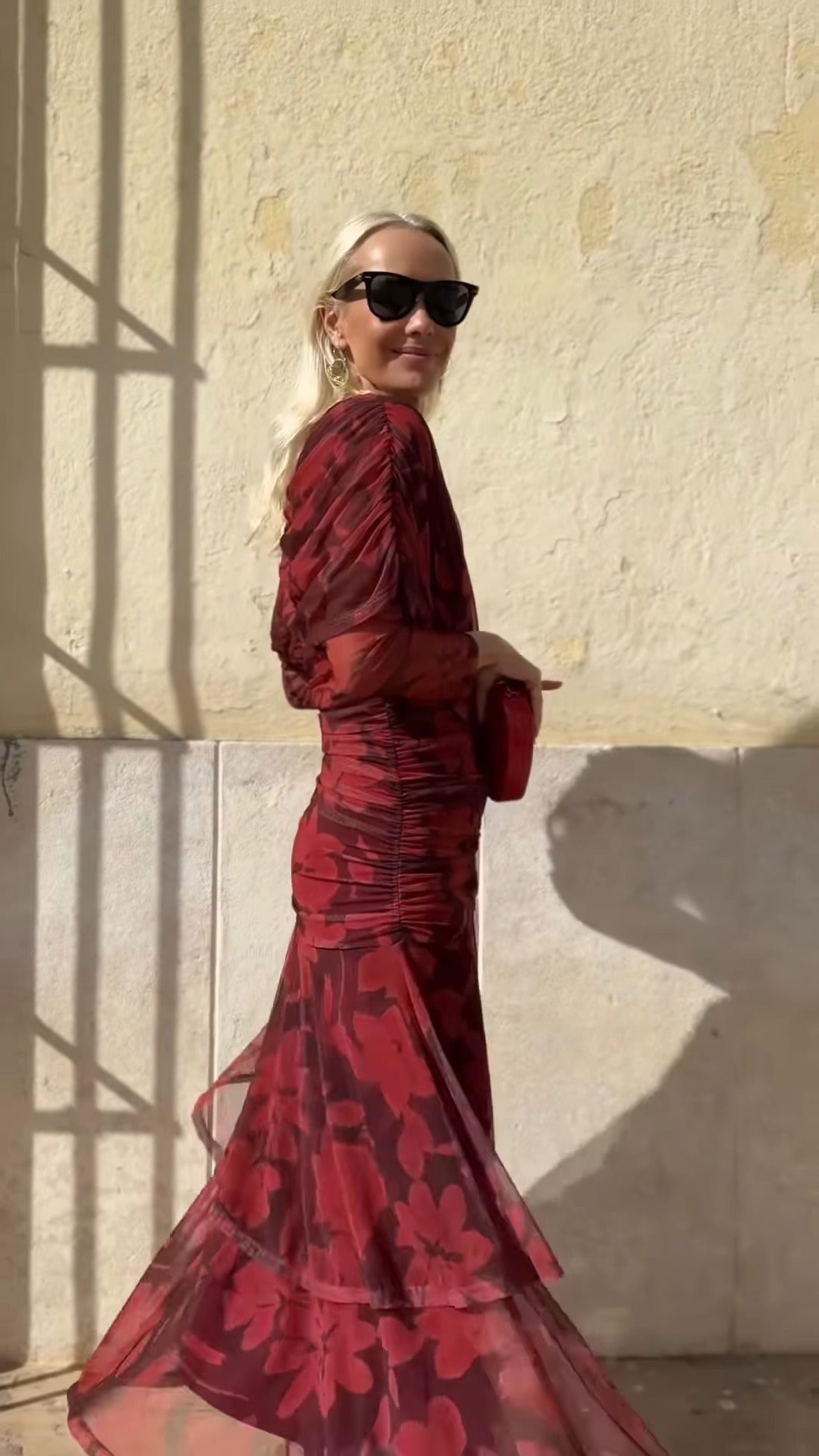 Burgundy Floral Print Maxi Dress With Ruched Detail