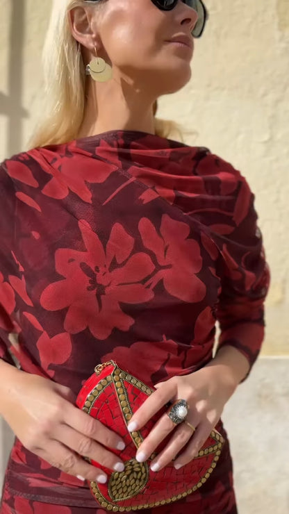 Burgundy Floral Print Maxi Dress With Ruched Detail