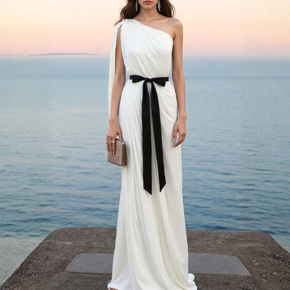 Formal Evening Dress White Sheath One Shoulder Chiffon Maxi Dress