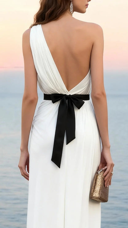 Formal Evening Dress White Sheath One Shoulder Chiffon Maxi Dress