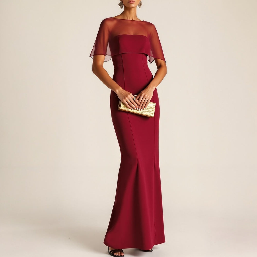 Evening Formal Dress Burgundy Sheath Strapless Cape Maxi Dress