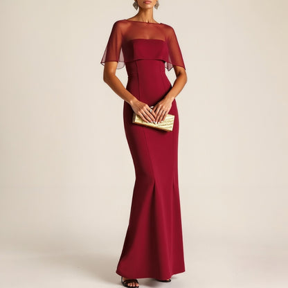 Evening Formal Dress Burgundy Sheath Strapless Cape Maxi Dress