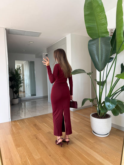 Long-Sleeve Ruched Maxi Dress With Gold Buckle Detail