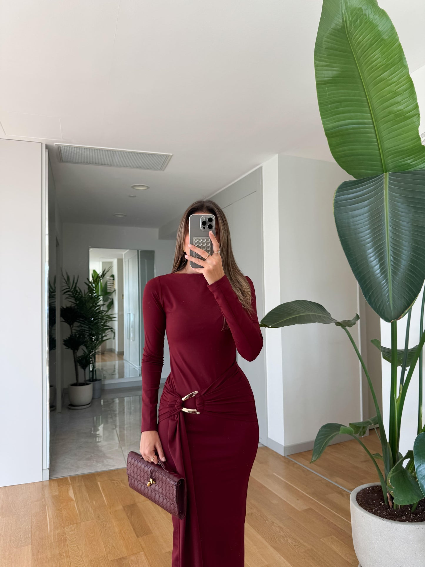 Long-Sleeve Ruched Maxi Dress With Gold Buckle Detail