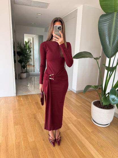 Long-Sleeve Ruched Maxi Dress With Gold Buckle Detail