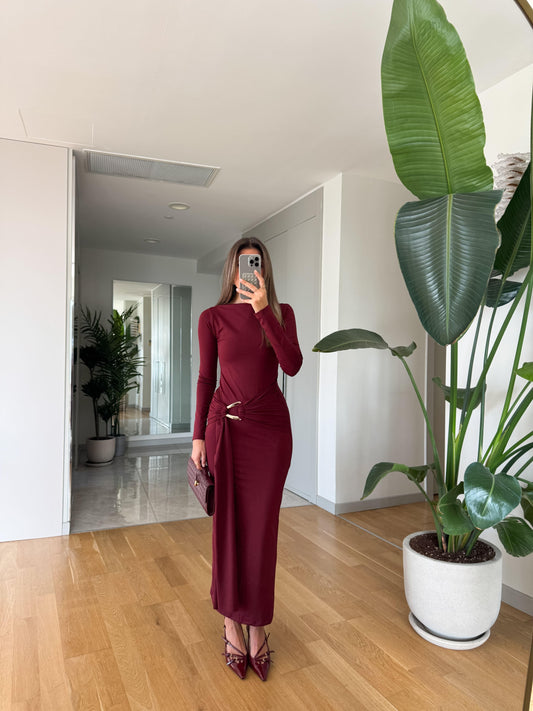 Long-Sleeve Ruched Maxi Dress With Gold Buckle Detail