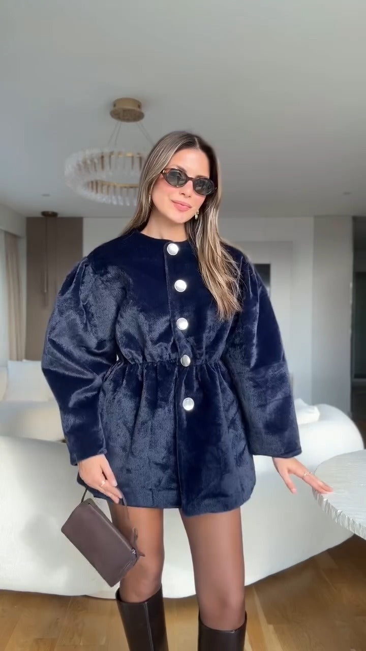 Taupe Faux Fur Cinched-Waist Coat Dress