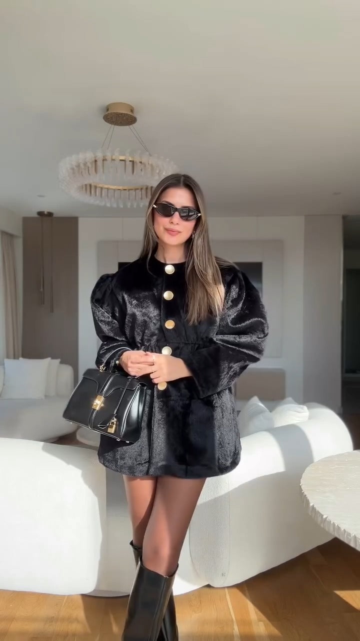 Taupe Faux Fur Cinched-Waist Coat Dress