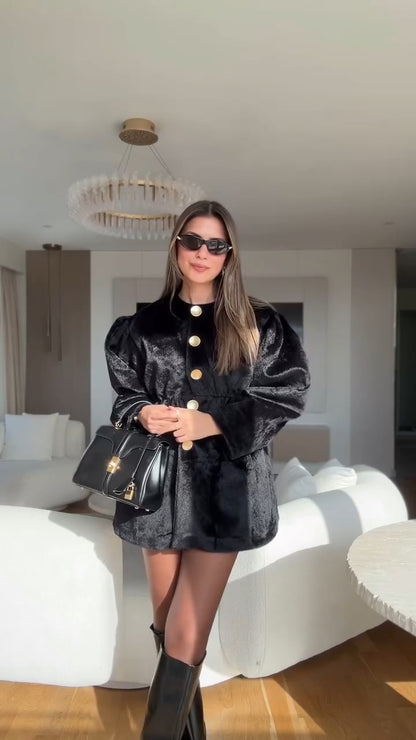 Taupe Faux Fur Cinched-Waist Coat Dress