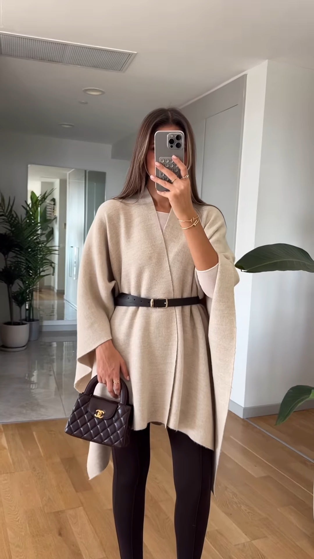 Beige Knitted Cape With Black Belt Detail