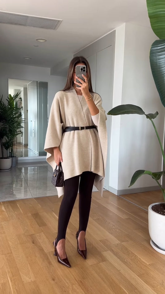 Beige Knitted Cape With Black Belt Detail