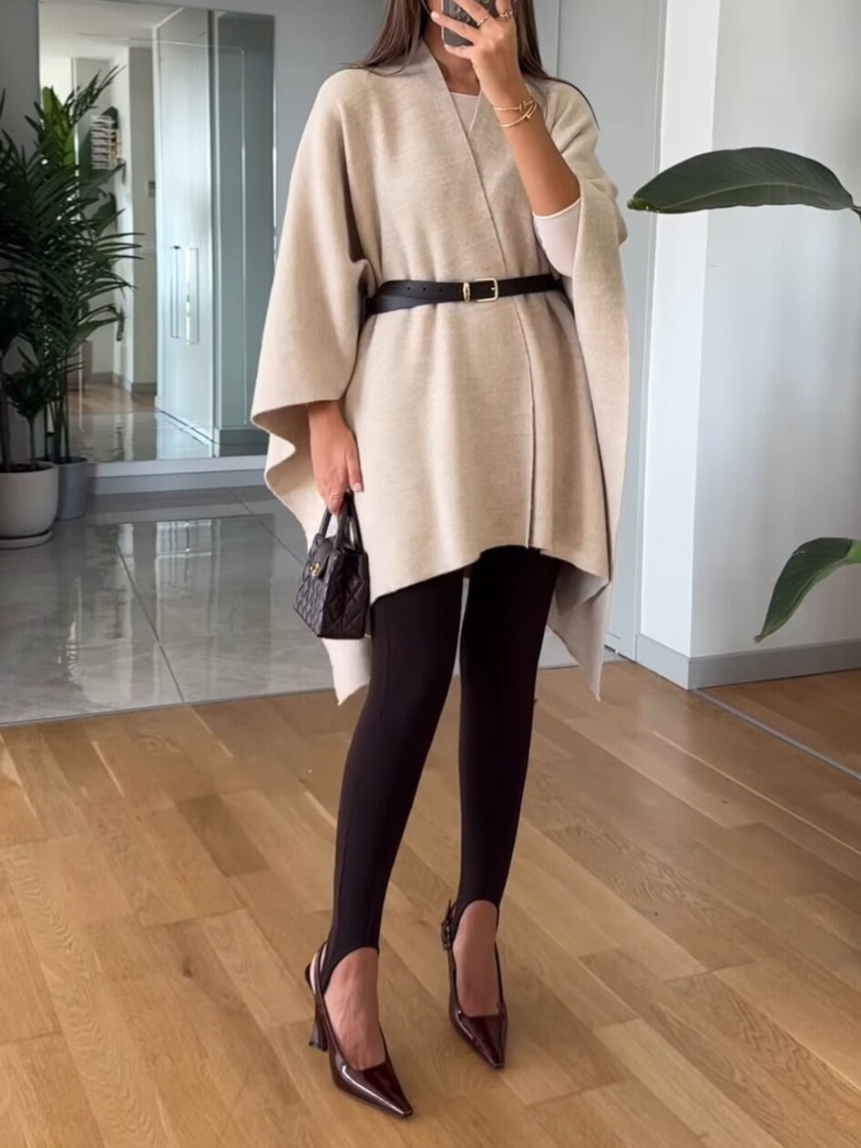 Beige Knitted Cape With Black Belt Detail
