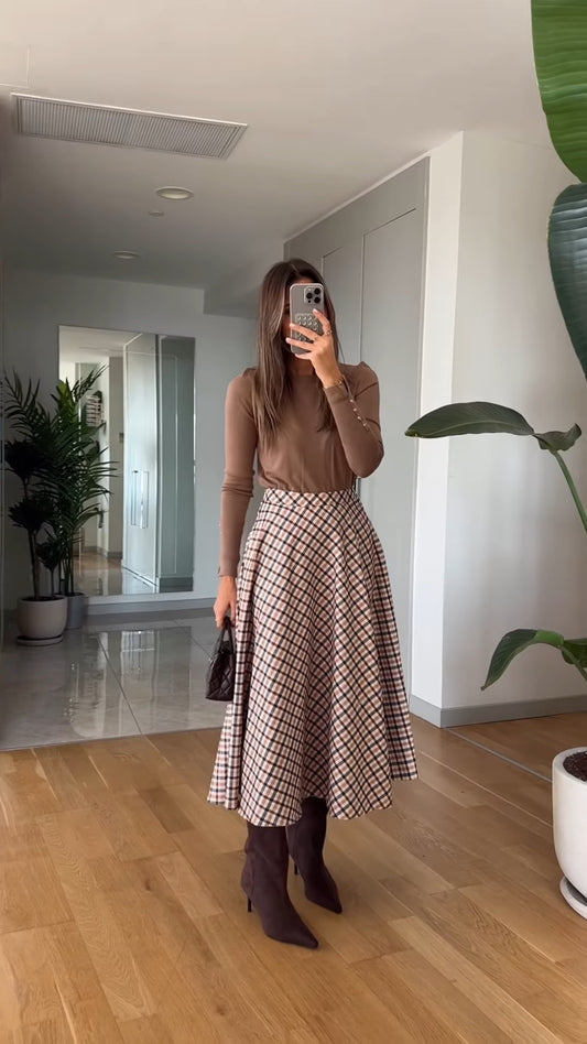 Brown Knit Top & Plaid A-Line Midi Skirt Set