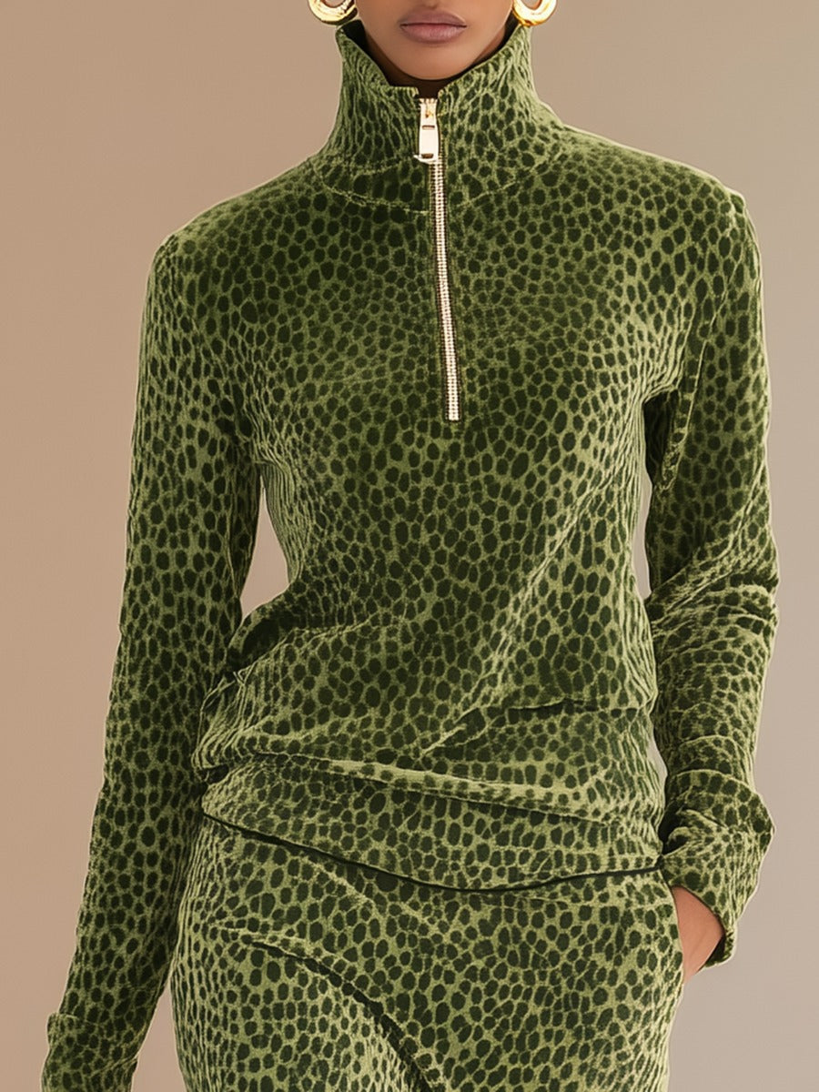 Sports Retro Leopard Print Stand Collar Velvet Top Skirt Set