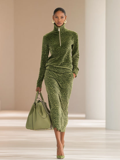 Sports Retro Leopard Print Stand Collar Velvet Top Skirt Set