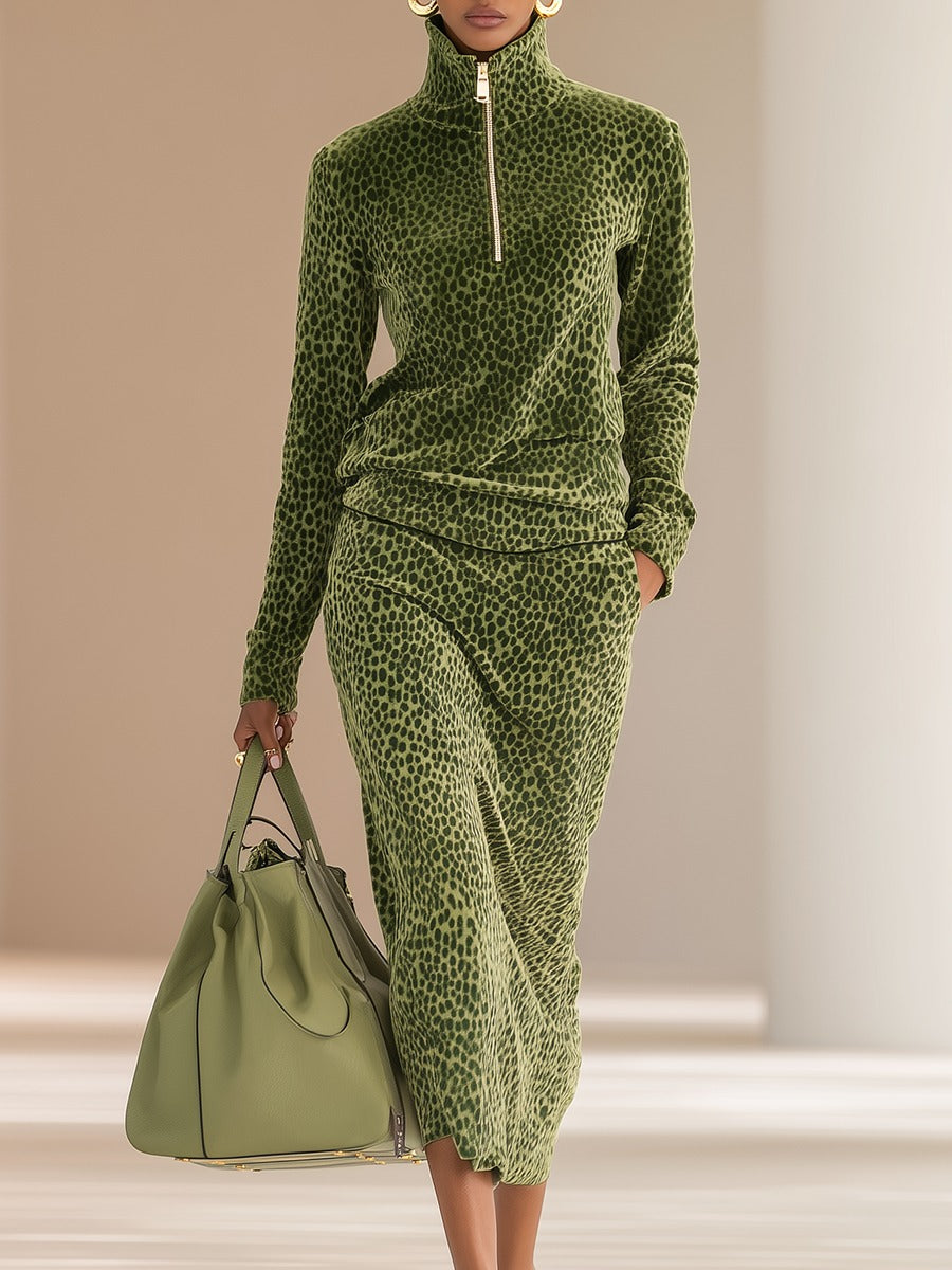 Sports Retro Leopard Print Stand Collar Velvet Top Skirt Set