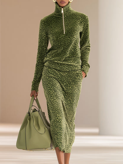 Sports Retro Leopard Print Stand Collar Velvet Top Skirt Set