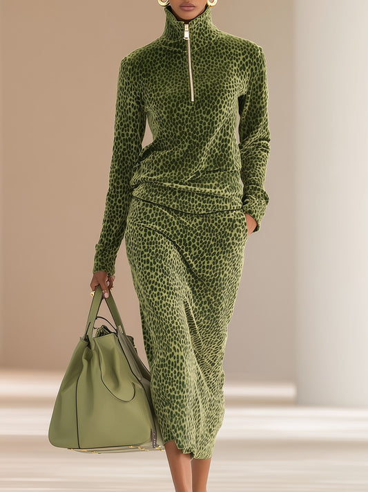 Sports Retro Leopard Print Stand Collar Velvet Top Skirt Set