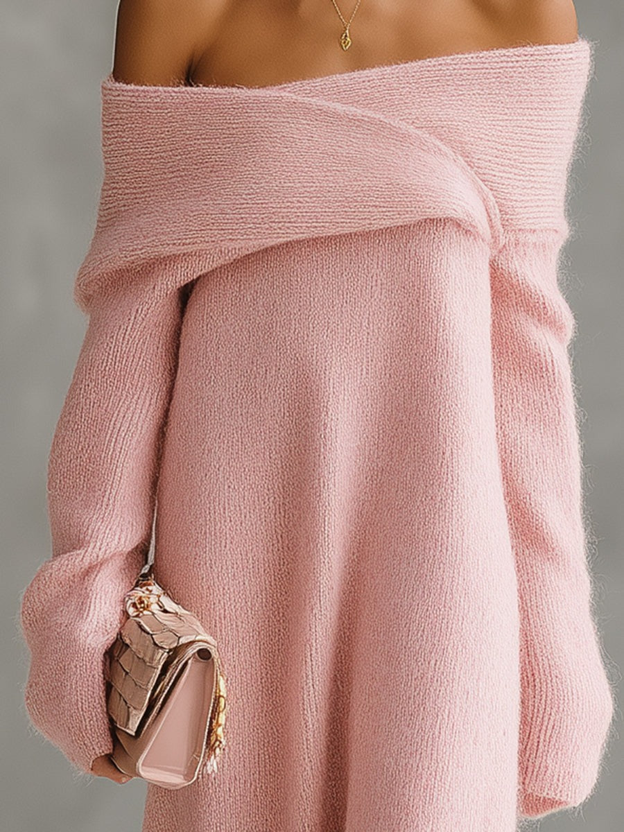Pink Mohair One-shoulder Loose Maxi Dress