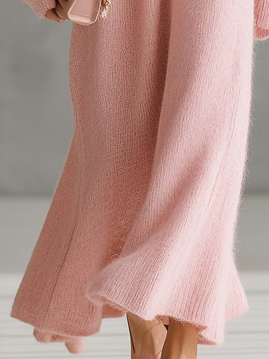 Pink Mohair One-shoulder Loose Maxi Dress