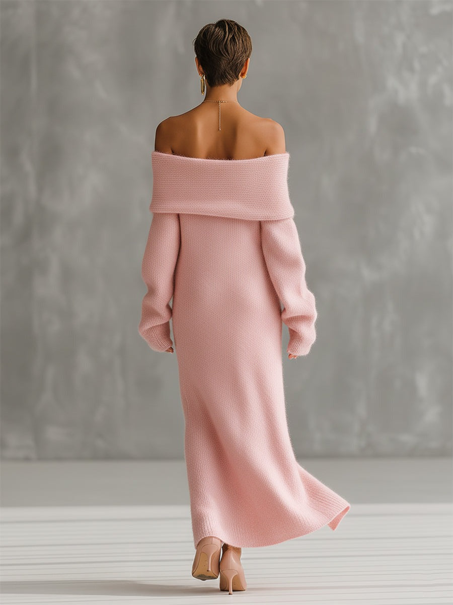 Pink Mohair One-shoulder Loose Maxi Dress
