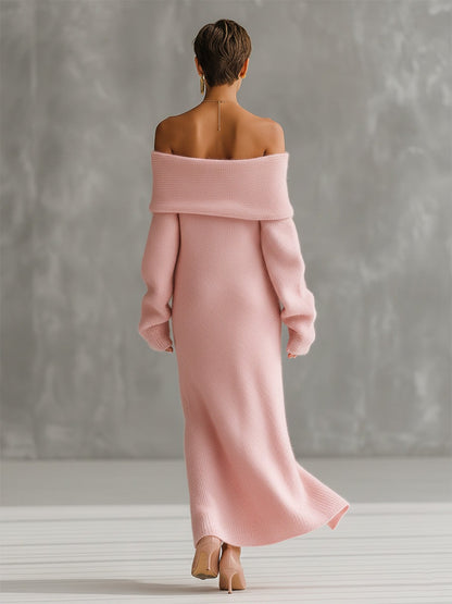 Pink Mohair One-shoulder Loose Maxi Dress