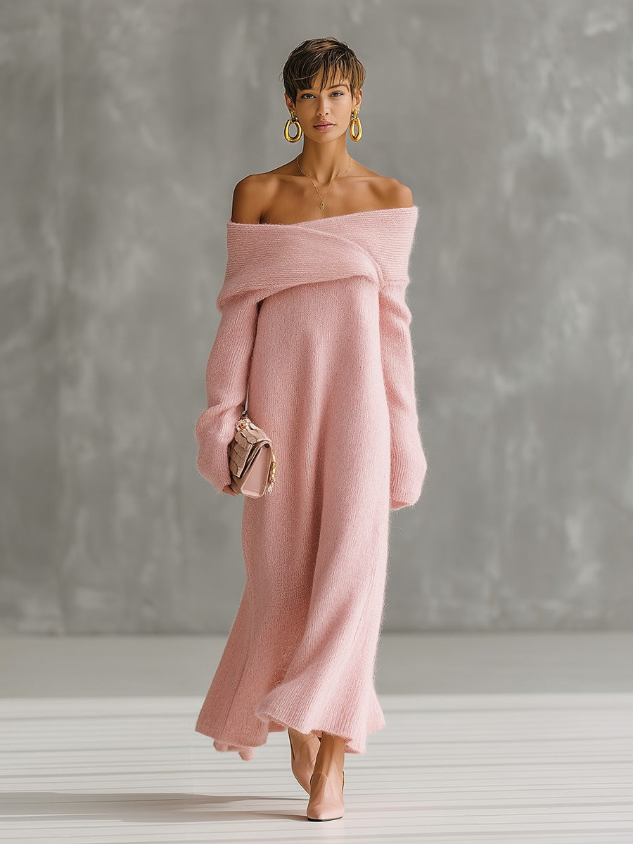Pink Mohair One-shoulder Loose Maxi Dress
