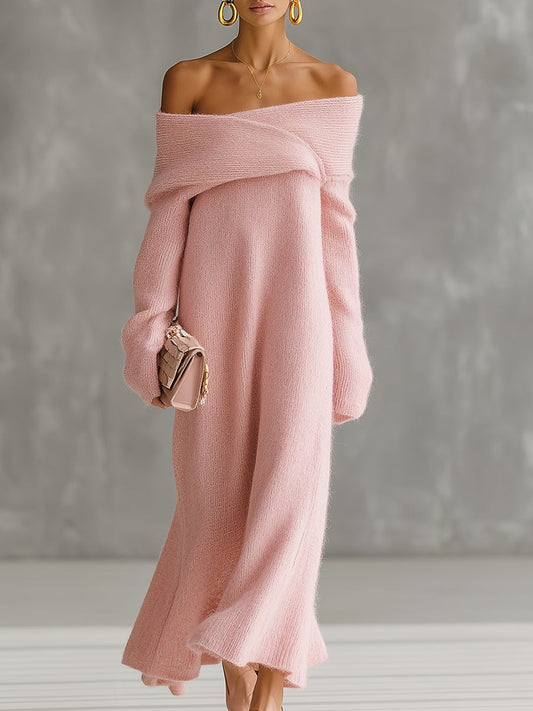 Pink Mohair One-shoulder Loose Maxi Dress