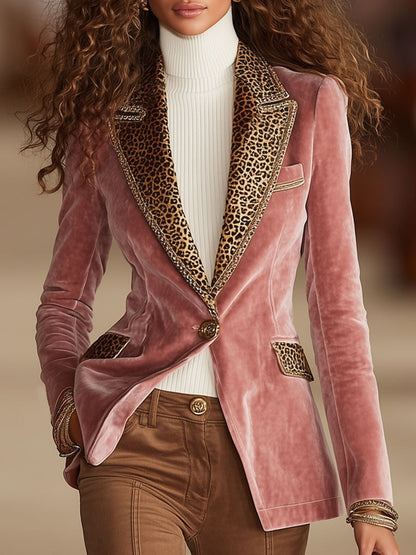 Pink Velvet Stitching Leopard Print One Button Blazer