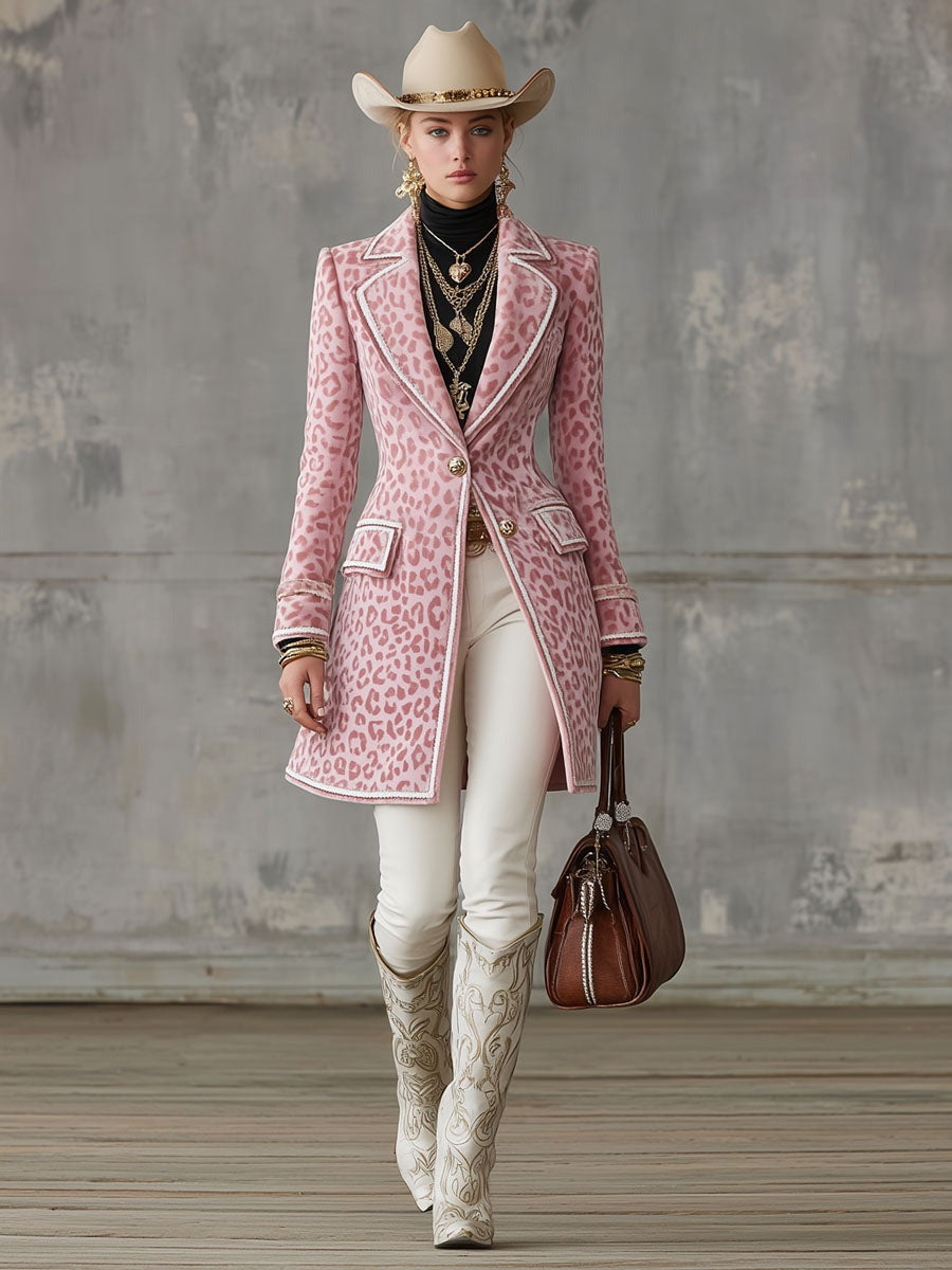 Lapel Single-breasted Pink Leopard Print Mid-length Coat