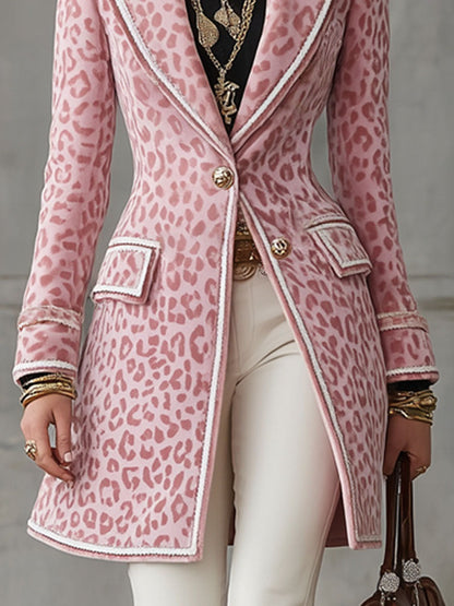 Lapel Single-breasted Pink Leopard Print Mid-length Coat