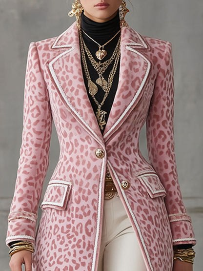 Lapel Single-breasted Pink Leopard Print Mid-length Coat