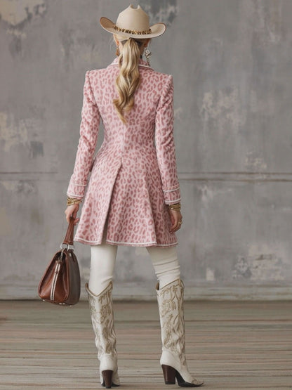 Lapel Single-breasted Pink Leopard Print Mid-length Coat