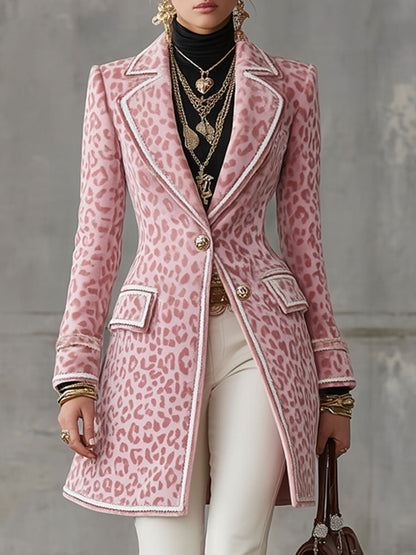 Lapel Single-breasted Pink Leopard Print Mid-length Coat