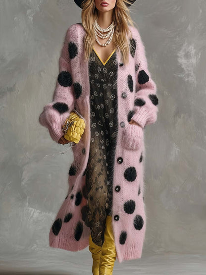 Vintage Fashion Lazy Front Button Black Polka Dot Pink Imitation Rabbit Fur Knitted Long-sleeved Cardigan