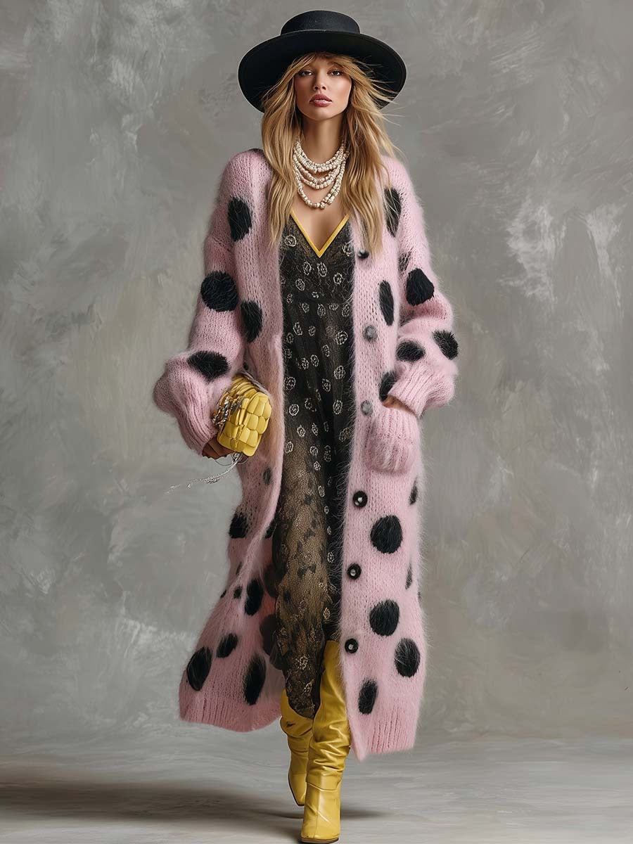 Vintage Fashion Lazy Front Button Black Polka Dot Pink Imitation Rabbit Fur Knitted Long-sleeved Cardigan