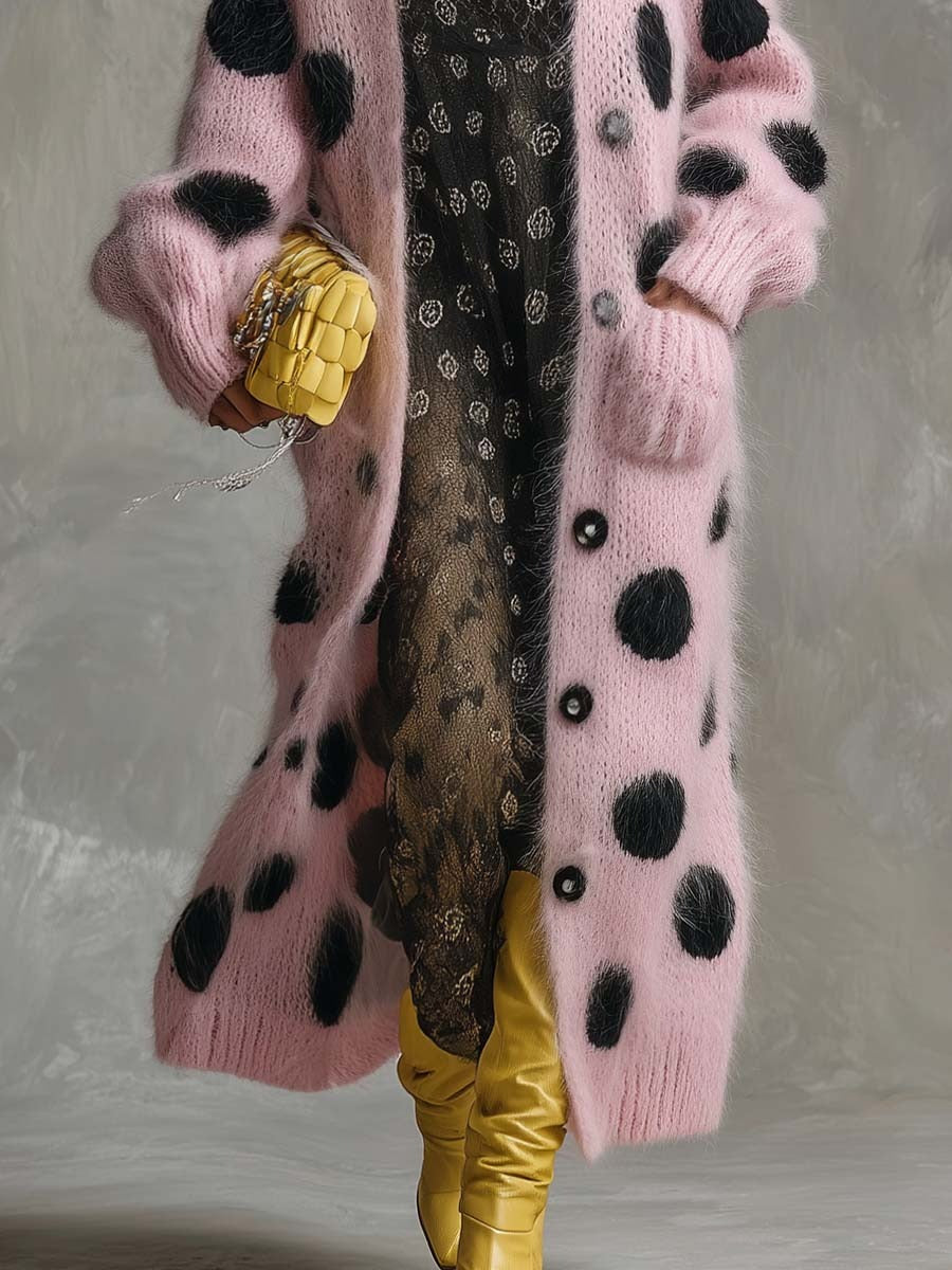 Vintage Fashion Lazy Front Button Black Polka Dot Pink Imitation Rabbit Fur Knitted Long-sleeved Cardigan