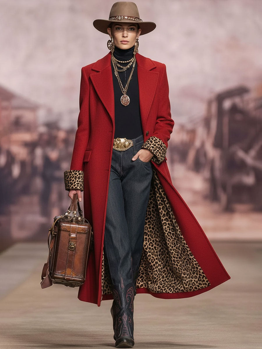 Lapel Single-breasted Leopard Print Wool Coat