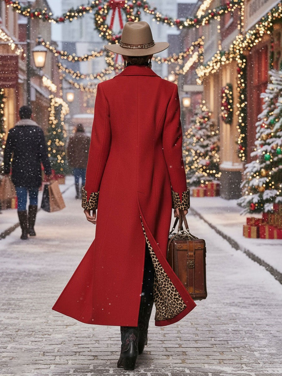 Lapel Single-breasted Leopard Print Wool Coat