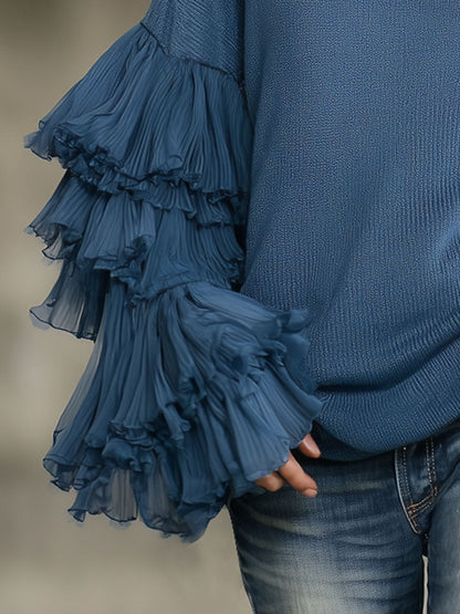 Turtleneck Ruffle Sleeve Knit Pullover Sweater