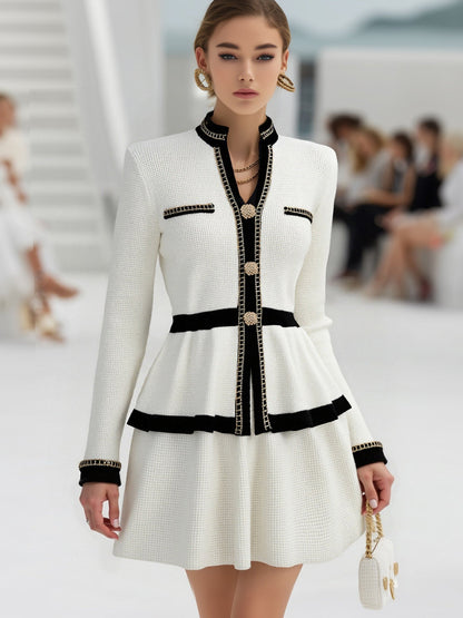 Elegant Urban High Quality Long Sleeve Top And Pleated Skirt Two Piece Set