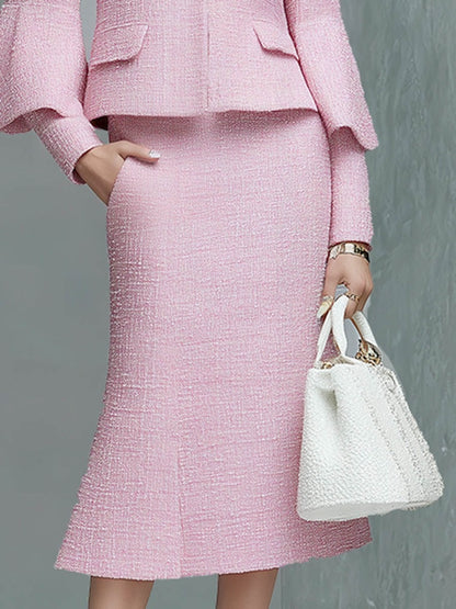 Elegant Neckline Bow Tie Trumpet Sleeve Jacket Skirt Tweed Set