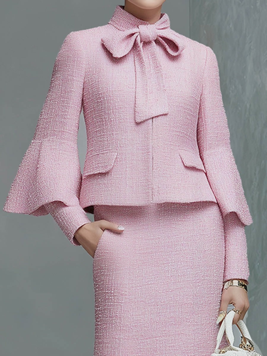 Elegant Neckline Bow Tie Trumpet Sleeve Jacket Skirt Tweed Set