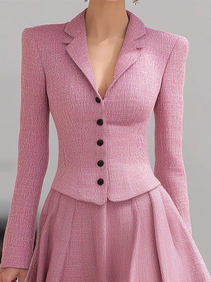 Elegant Pink Tweed Lapel Coat And Skirt Set