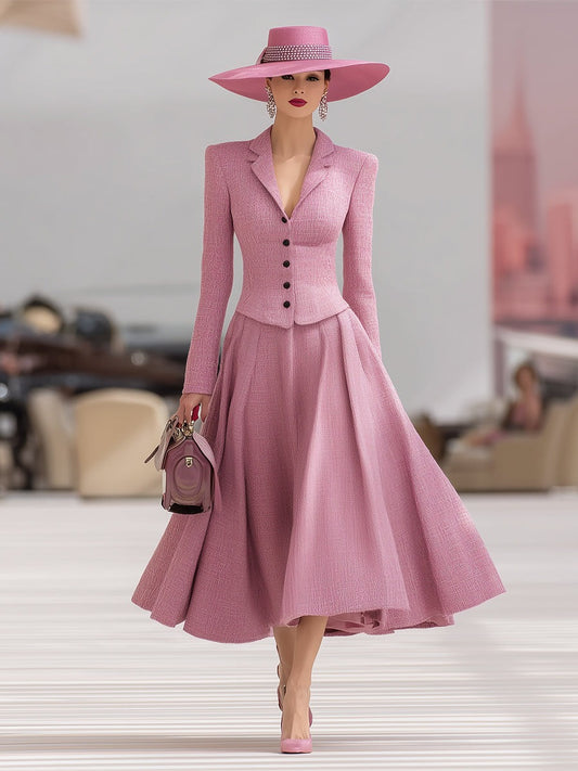 Elegant Pink Tweed Lapel Coat And Skirt Set